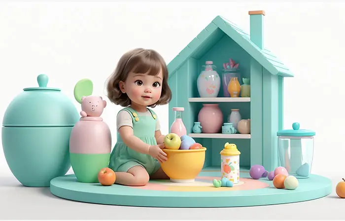 Cute Baby Girl Playing 3D Character Illustration image